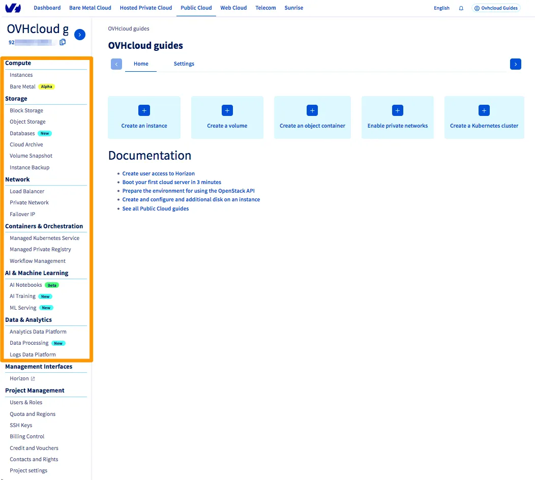 OVH Cloud Dashboard