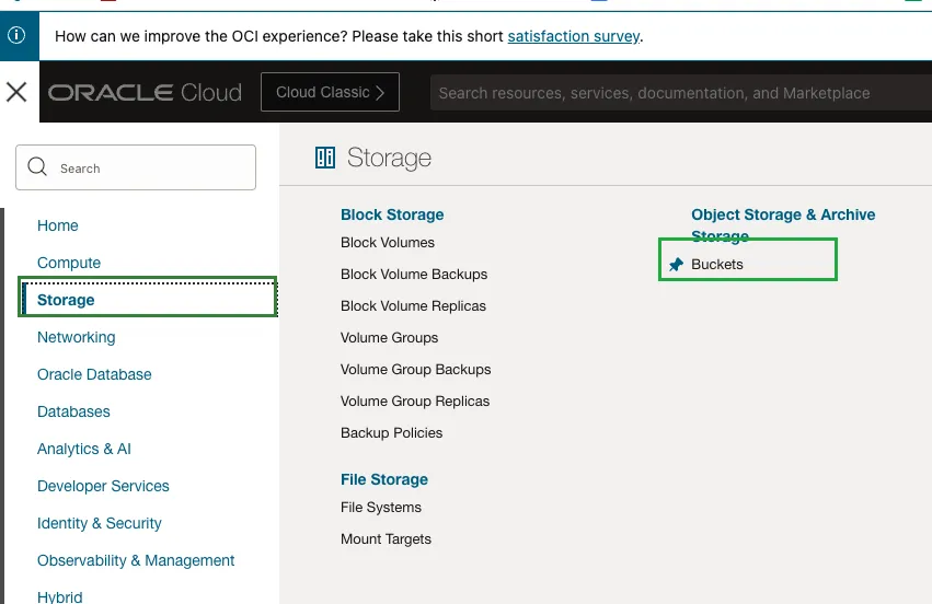 OCI Bucket Menu Navigation