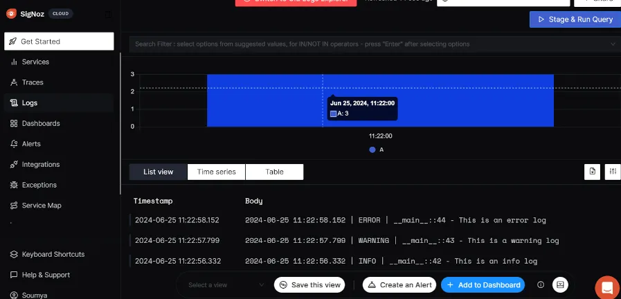 The SigNoz Cloud Dashboard is displayed upon successful receipt of log records.